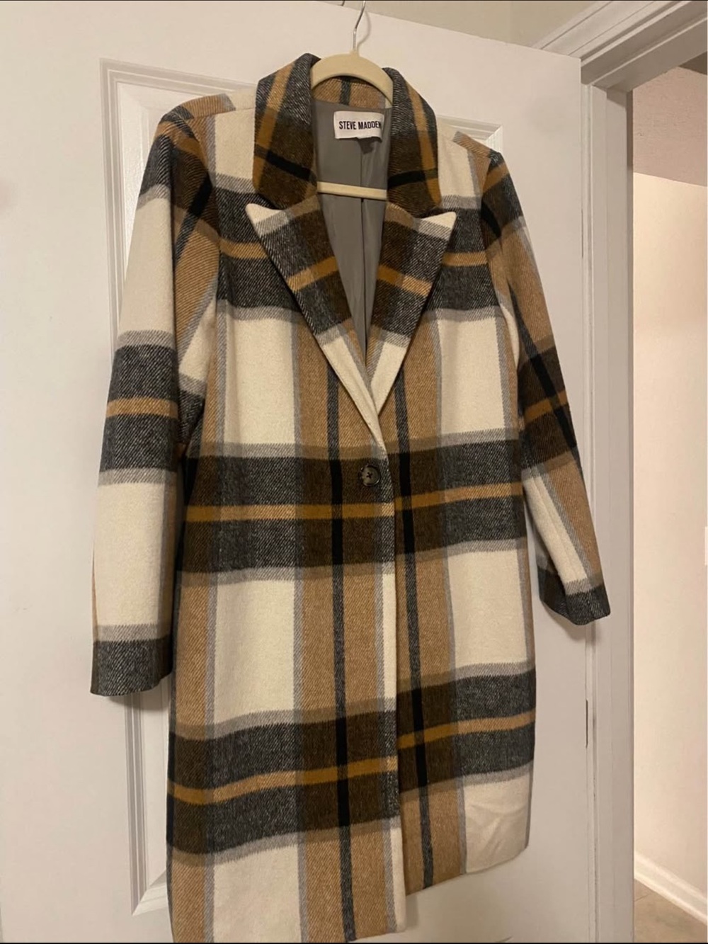 Steve Madden Plaid Wool-Blend Pea Coat in Cream, Brown & Gray